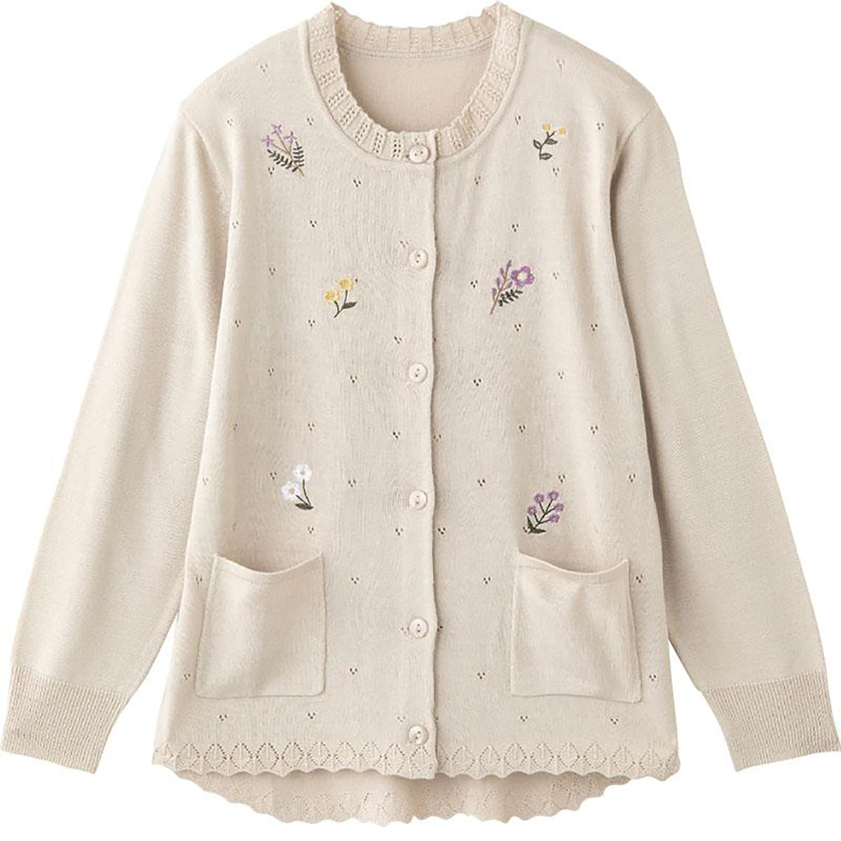 ニット斜め釦ホール丸首カーディ ベージュ S/LL