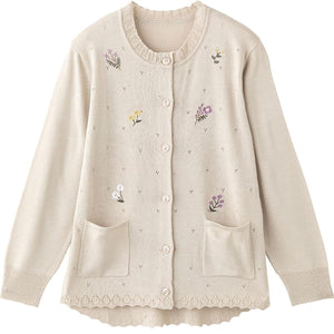 ニット斜め釦ホール丸首カーディ ベージュ S/LL