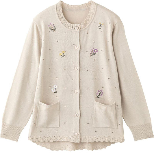 ニット斜め釦ホール丸首カーディ ベージュ S/LL