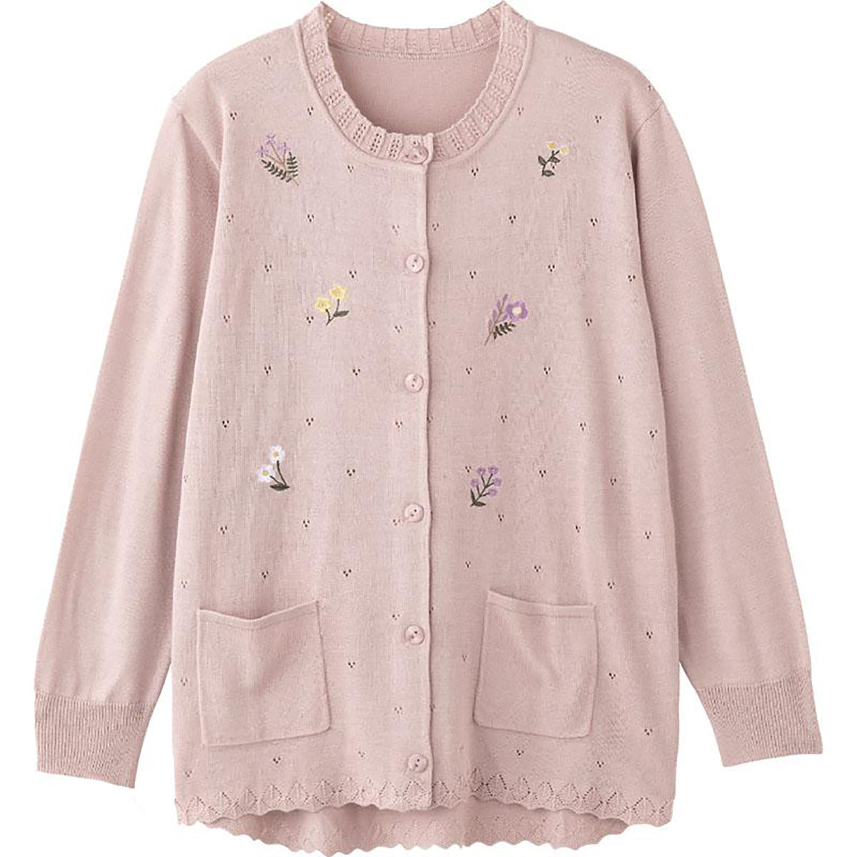 ニット斜め釦ホール丸首カーディ ローズ S/LL