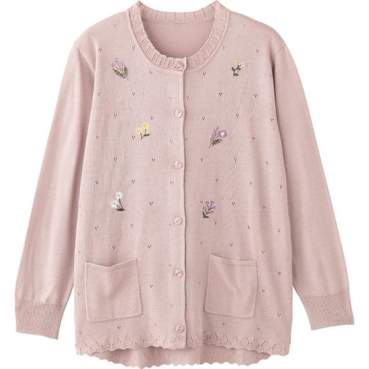 ニット斜め釦ホール丸首カーディ ローズ S/LL