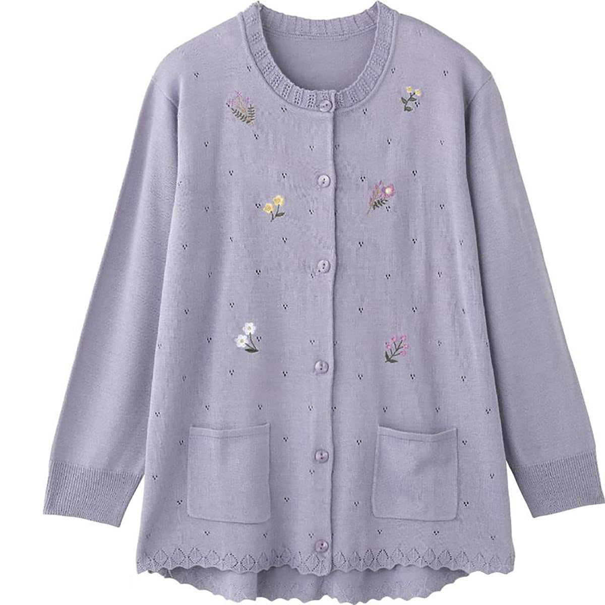 ニット斜め釦ホール丸首カーディ パープル S/LL