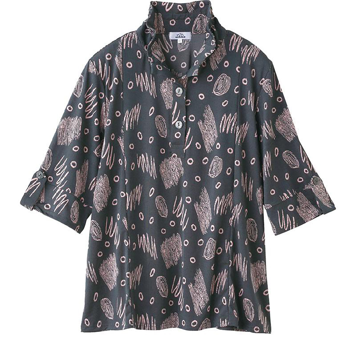 7分袖斜め釦ホールチュニック チャコール Ｍ～Ｌ