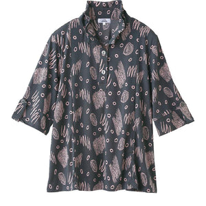 7分袖斜め釦ホールチュニック チャコール Ｍ～Ｌ