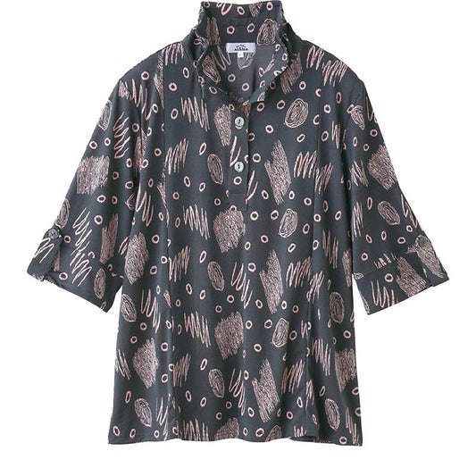 7分袖斜め釦ホールチュニック チャコール Ｍ～Ｌ