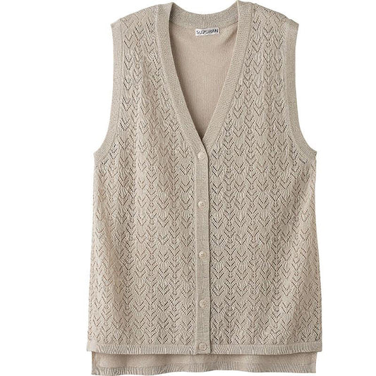 ニット後ろ長めＶ首ベスト ベージュ Ｍ～Ｌ