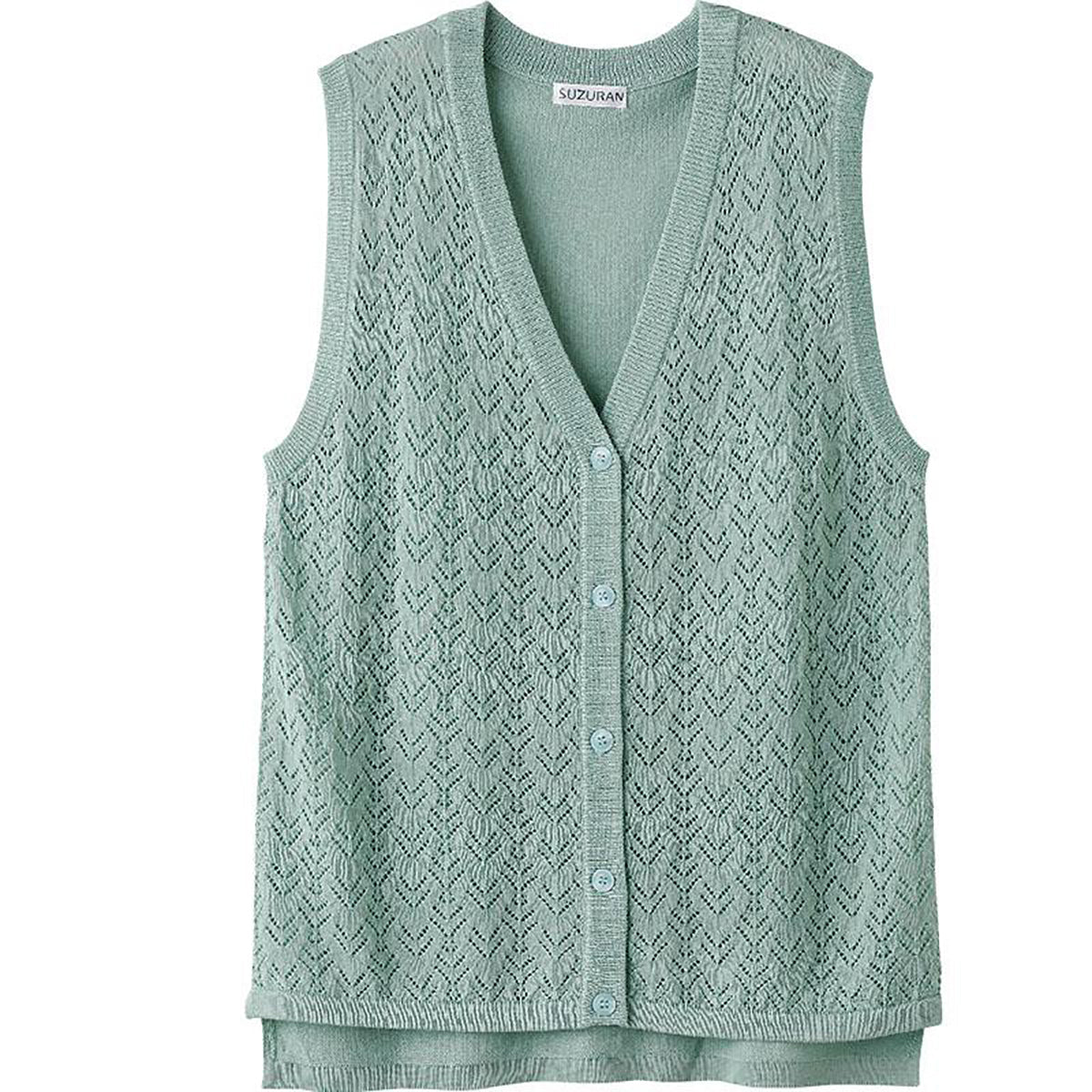 ニット後ろ長めＶ首ベスト グリーン Ｍ～Ｌ