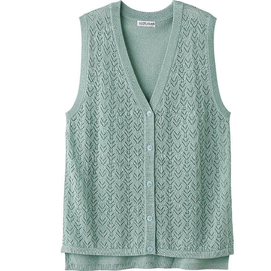 ニット後ろ長めＶ首ベスト グリーン Ｍ～Ｌ