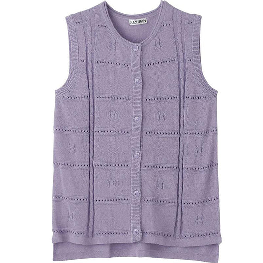 ニット後ろ長め丸首ベスト ラベンダー Ｍ～Ｌ