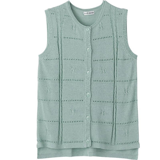 ニット後ろ長め丸首ベスト グリーン Ｍ～Ｌ