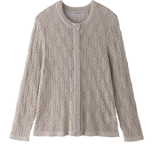 透かし柄丸首カーディガン ベージュ M～L/LL