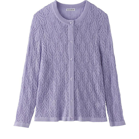 透かし柄丸首カーディガン ラベンダー M～L/LL