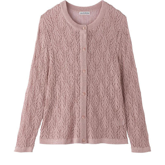 透かし柄丸首カーディガン ローズ M～L/LL