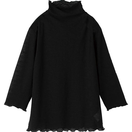 7分袖メロー衿ジャカードＴシャツ ブラック M～L/LL