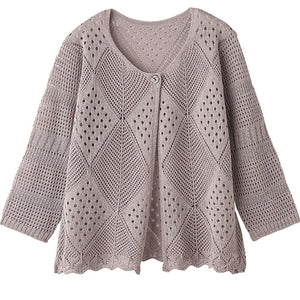 7分袖透かしダイヤ柄トッパーカーディガン グレージュ Ｍ～Ｌ