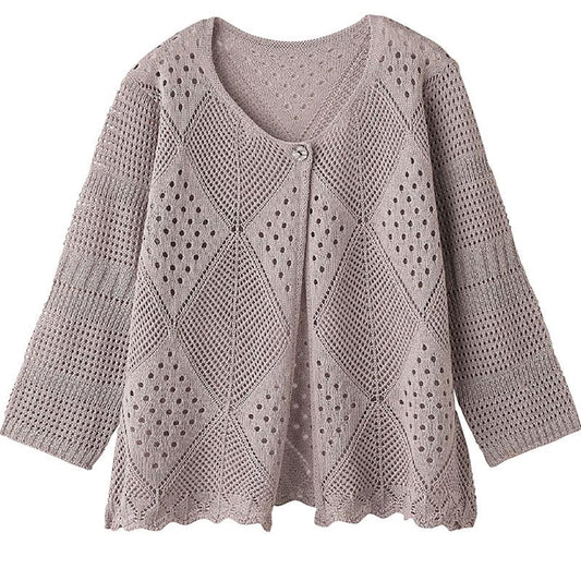 7分袖透かしダイヤ柄トッパーカーディガン グレージュ Ｍ～Ｌ