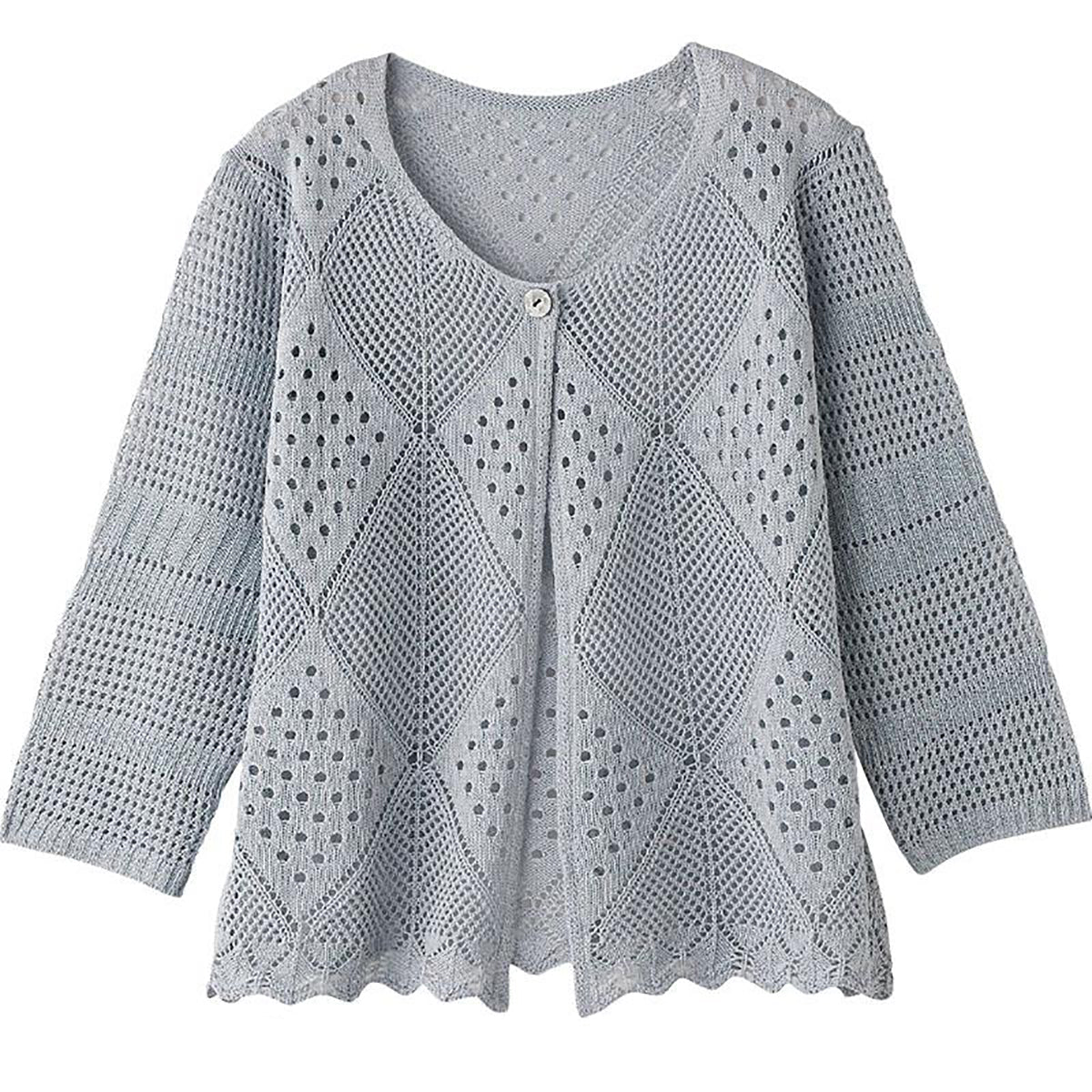 7分袖透かしダイヤ柄トッパーカーディガン シルバーグレー Ｍ～Ｌ