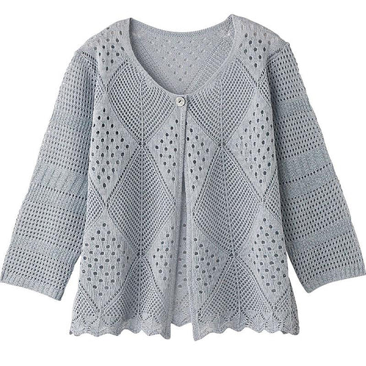 7分袖透かしダイヤ柄トッパーカーディガン シルバーグレー Ｍ～Ｌ