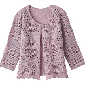 7分袖透かしダイヤ柄トッパーカーディガン ラベンダー Ｍ～Ｌ