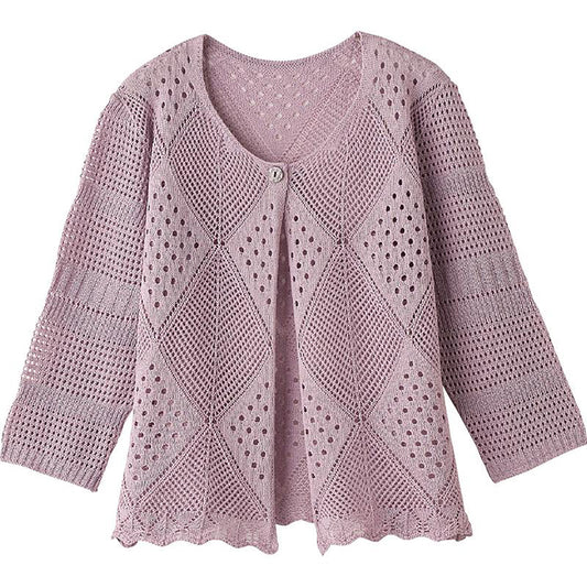 7分袖透かしダイヤ柄トッパーカーディガン ラベンダー Ｍ～Ｌ