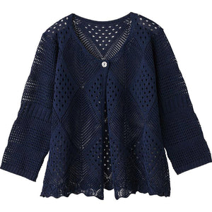 7分袖透かしダイヤ柄トッパーカーディガン ネイビー Ｍ～Ｌ