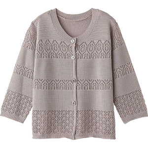 7分袖透かしボーダー柄カーディガン グレージュ Ｍ～Ｌ