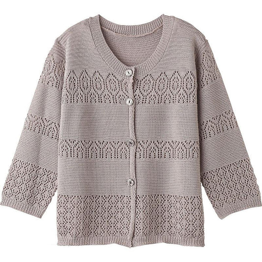 7分袖透かしボーダー柄カーディガン グレージュ Ｍ～Ｌ