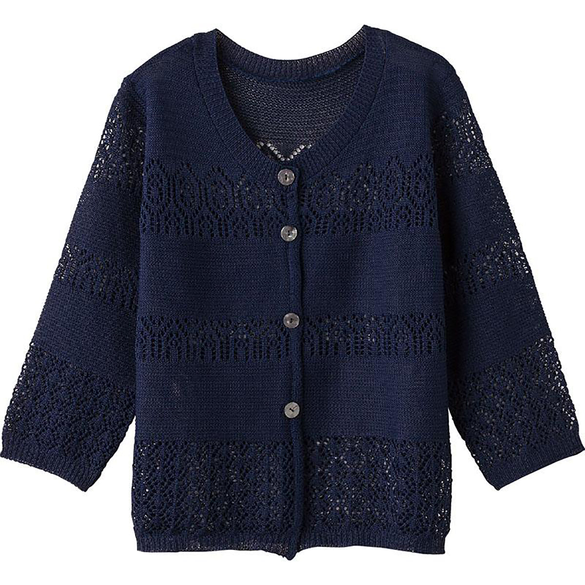 7分袖透かしボーダー柄カーディガン ネイビー Ｍ～Ｌ