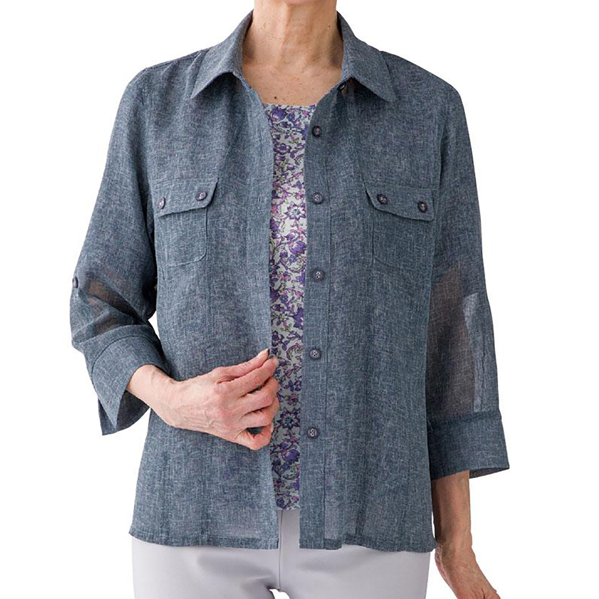 7分袖麻調合繊衿付きアンサンブル ブルーグレー M/L/LL