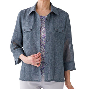 7分袖麻調合繊衿付きアンサンブル ブルーグレー M/L/LL