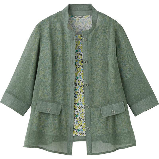 7分袖麻調合繊アンサンブル セージ M/L/LL