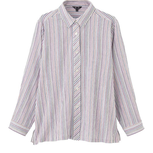 ストライプ柄楊柳シャツブラウス パープル M/L