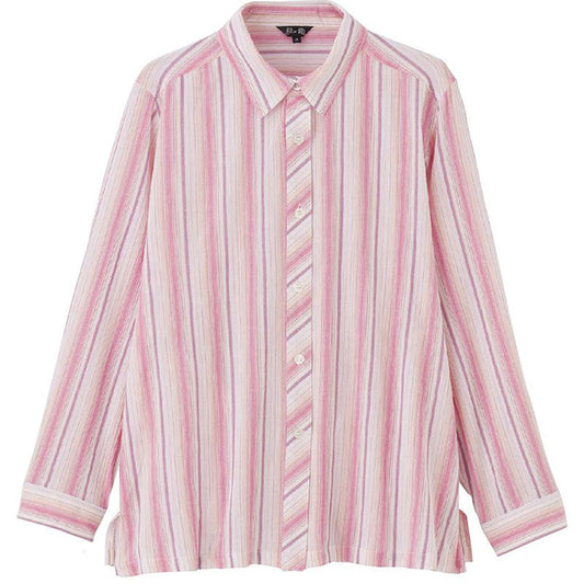 ストライプ柄楊柳シャツブラウス ピンク M/L