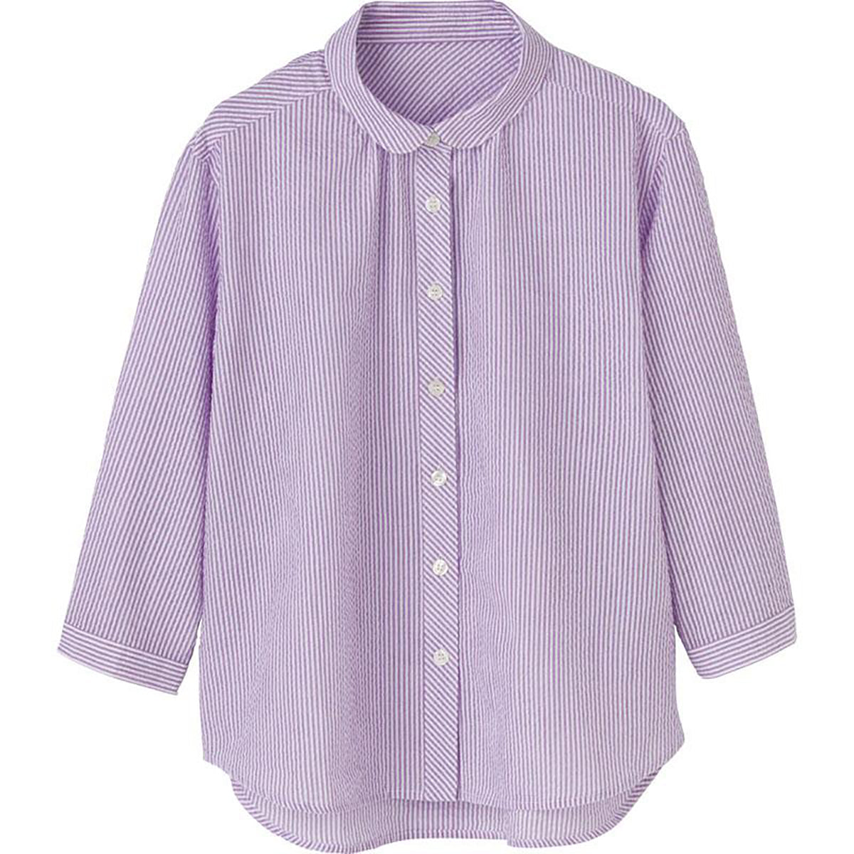 7分袖ストライプ柄シャツブラウス パープル M/L