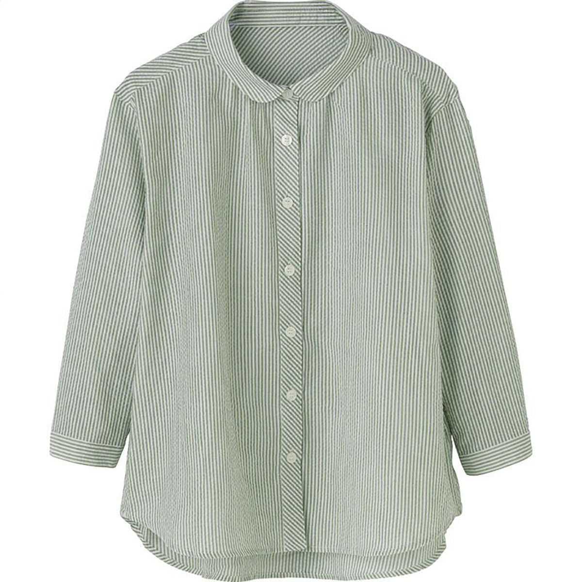 7分袖ストライプ柄シャツブラウス グリーン M/L