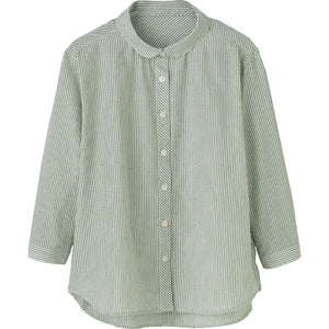 7分袖ストライプ柄シャツブラウス グリーン M/L