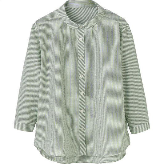 7分袖ストライプ柄シャツブラウス グリーン M/L