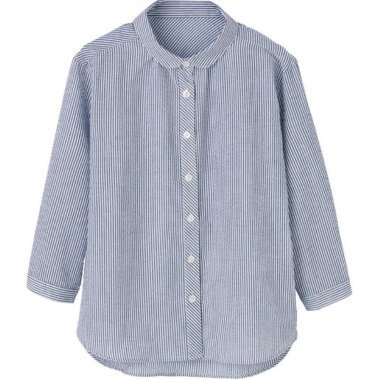 7分袖ストライプ柄シャツブラウス ネイビー M/L