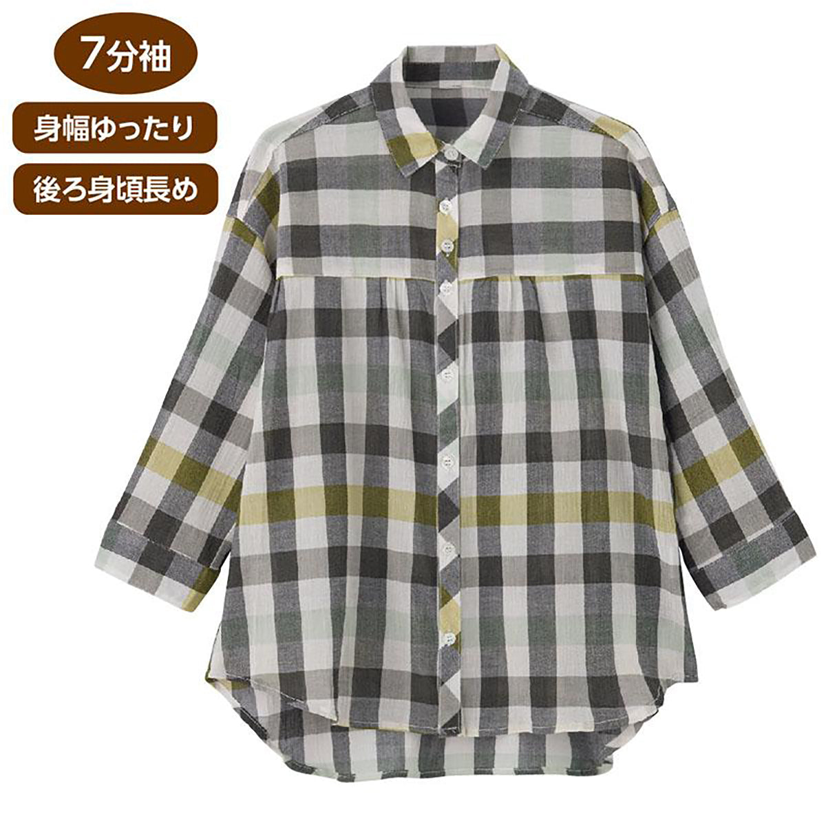 7分袖強撚格子柄シャツブラウス パープル M/L