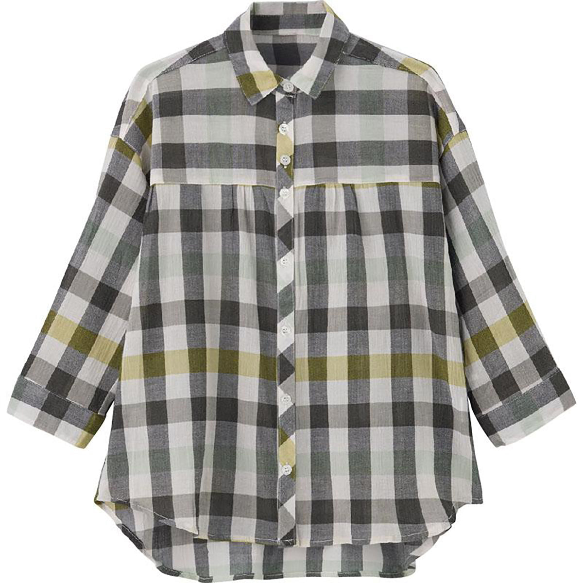 7分袖強撚格子柄シャツブラウス グリーン M/L