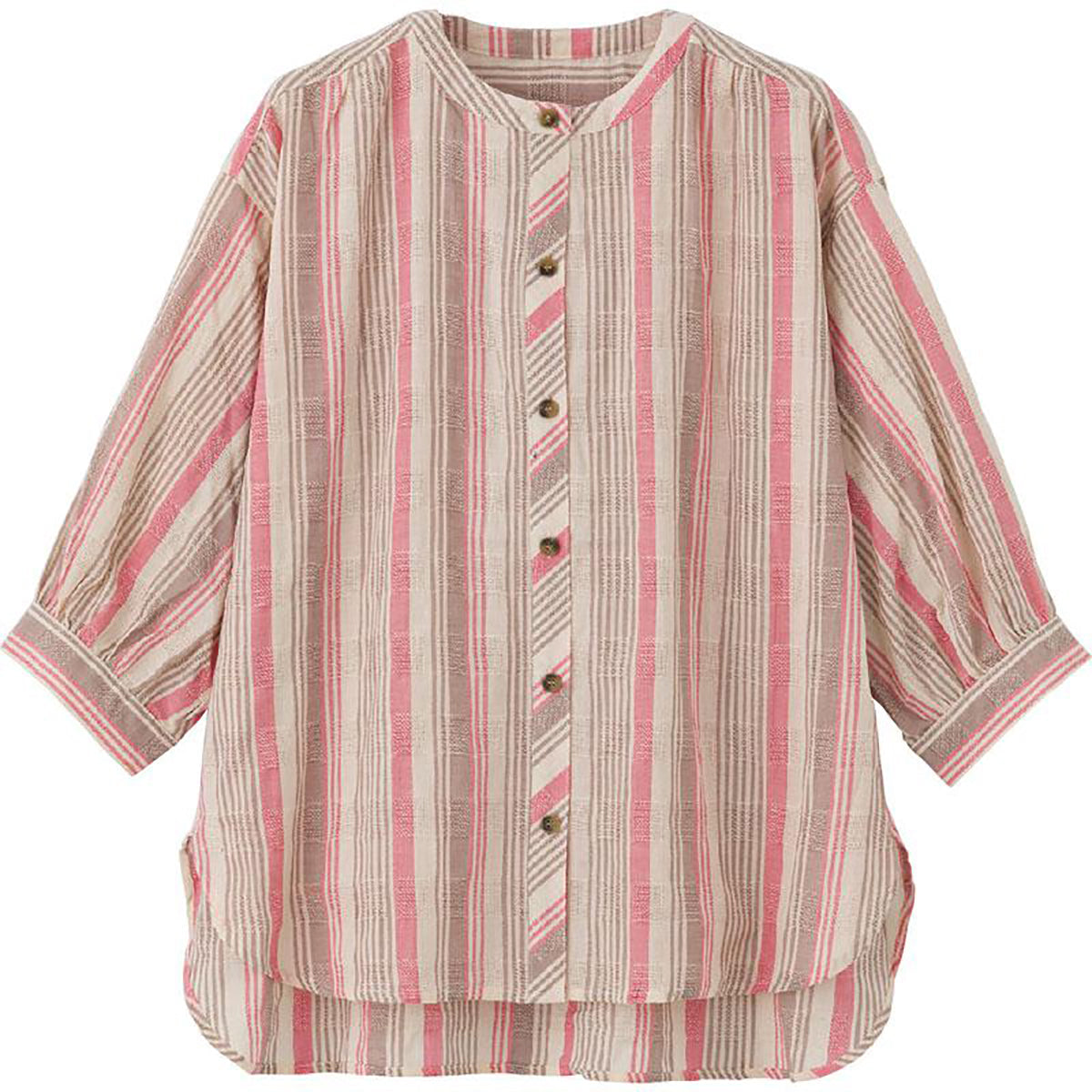 7分袖ストライプ柄シャツブラウス ピンク M/L