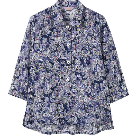 7分袖ワンタッチテープブラウス ネイビー M/L