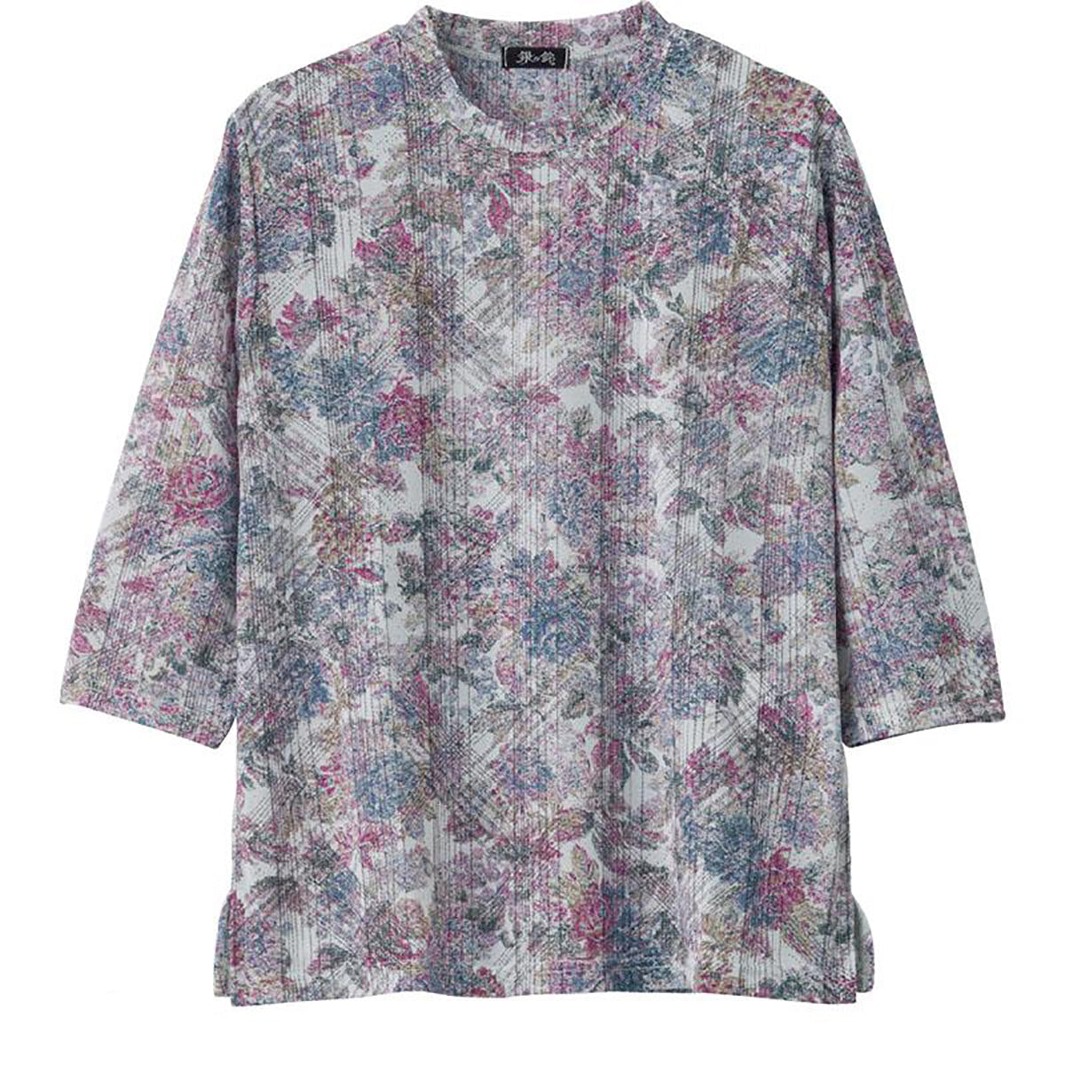 7分袖京染プリントＴシャツ 花ブルー Ｍ～Ｌ