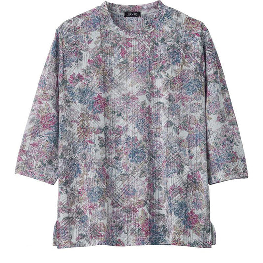 7分袖京染プリントＴシャツ 花ブルー Ｍ～Ｌ