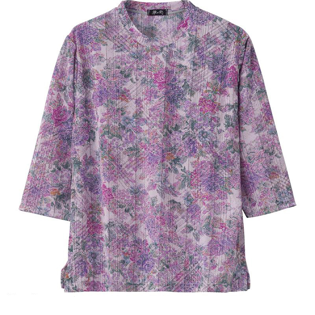 7分袖京染プリントＴシャツ 花パープル Ｍ～Ｌ