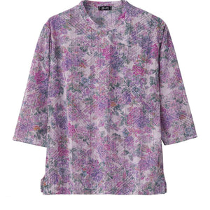 7分袖京染プリントＴシャツ 花パープル Ｍ～Ｌ