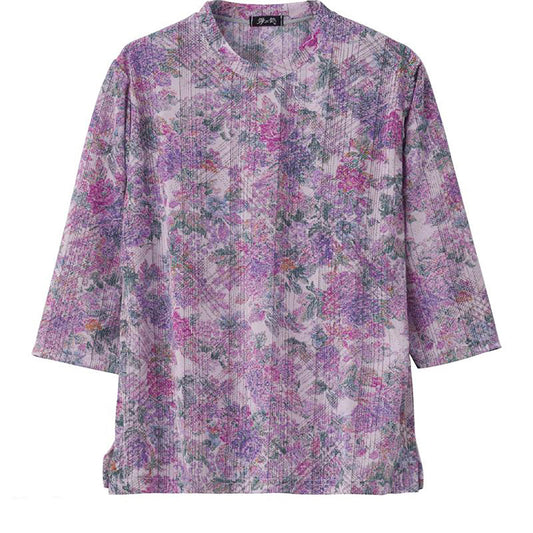 7分袖京染プリントＴシャツ 花パープル Ｍ～Ｌ