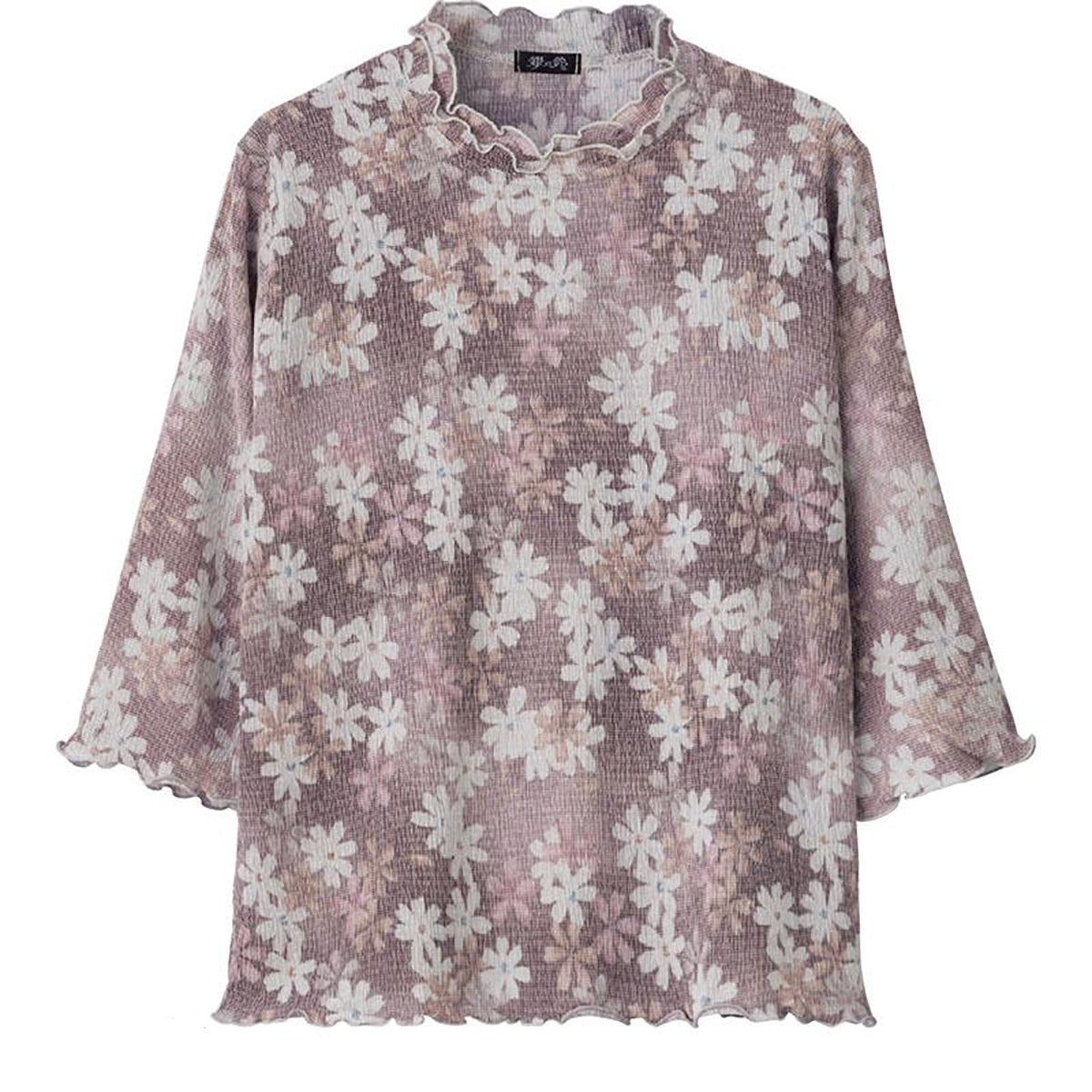 7分袖楊柳プリントＴシャツ パープル Ｍ～Ｌ