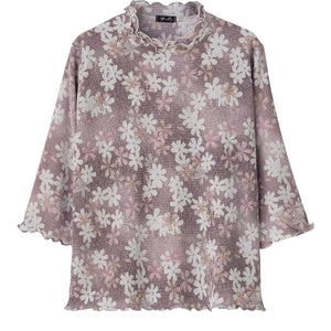 7分袖楊柳プリントＴシャツ パープル Ｍ～Ｌ