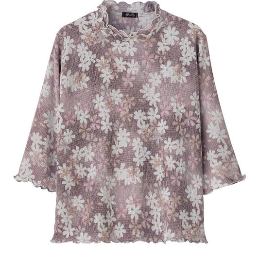 7分袖楊柳プリントＴシャツ パープル Ｍ～Ｌ